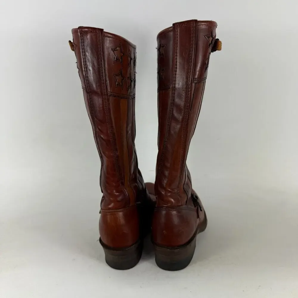 Frye Harness Americana Boots Women's 6 Brown Leather Stars & Strips Knee High